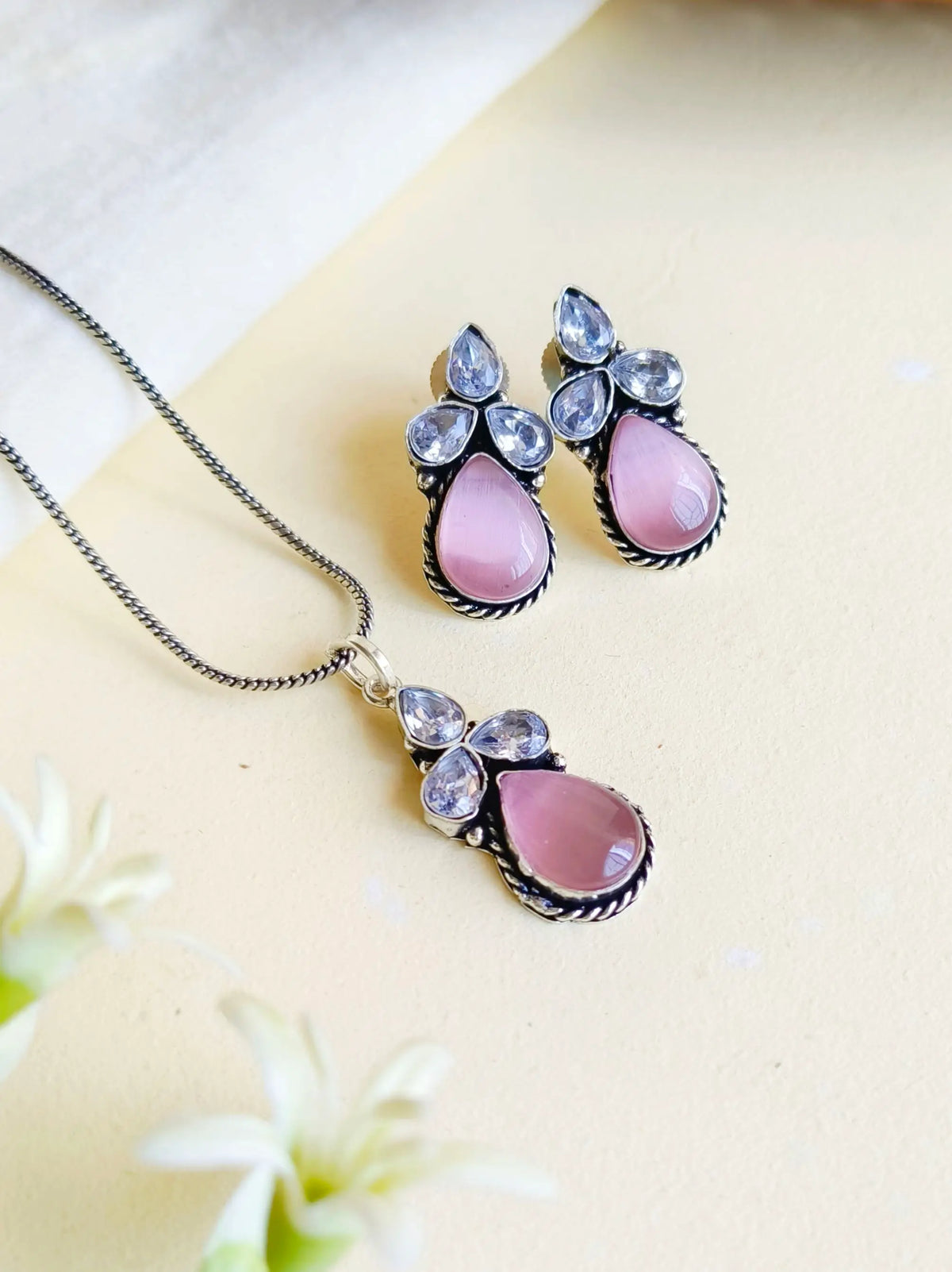 Oxidised Lightweight Monalisa Chain Pendant Set with Studs | AMOLA