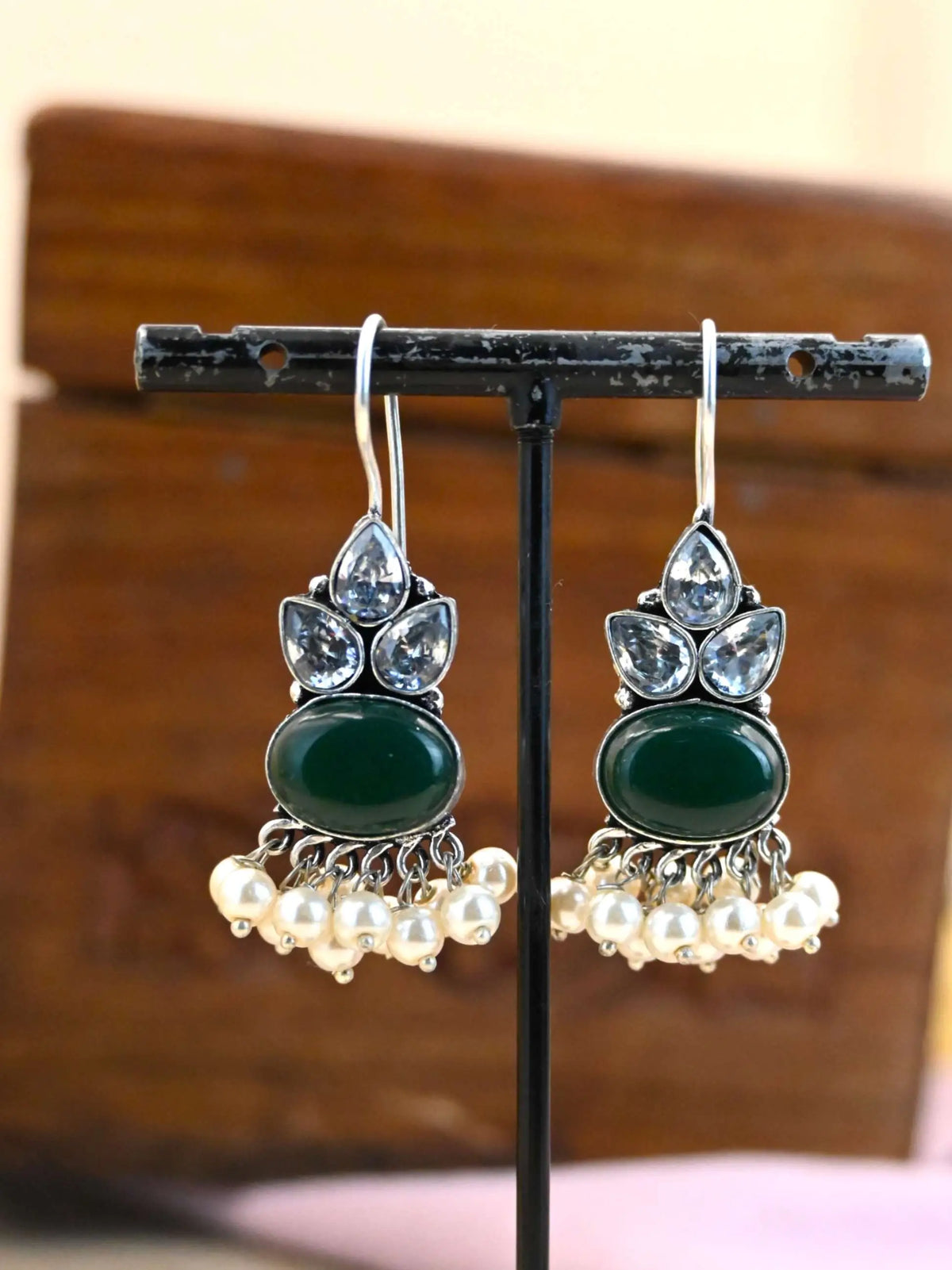 German Silver Oval Monalisa Pearl Drop Hook Earrings | AMOLA