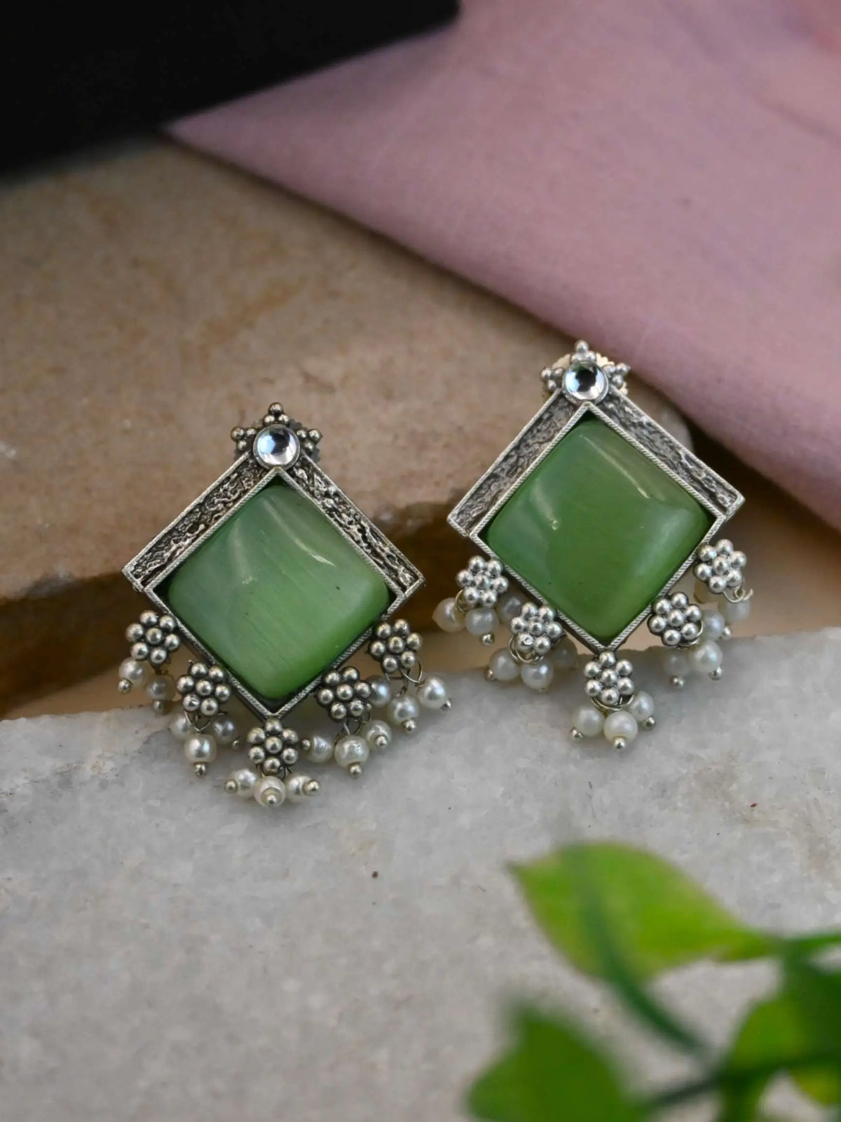 Silver-Plated Square Monalisa Pearl Stud Earrings – Casual Elegance | AMOLA