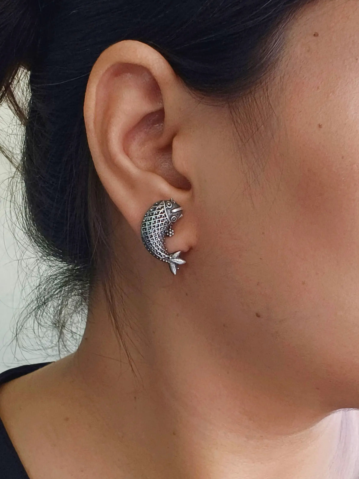 Graceful Silver Oxidised Fish Stud Earrings | AMOLA