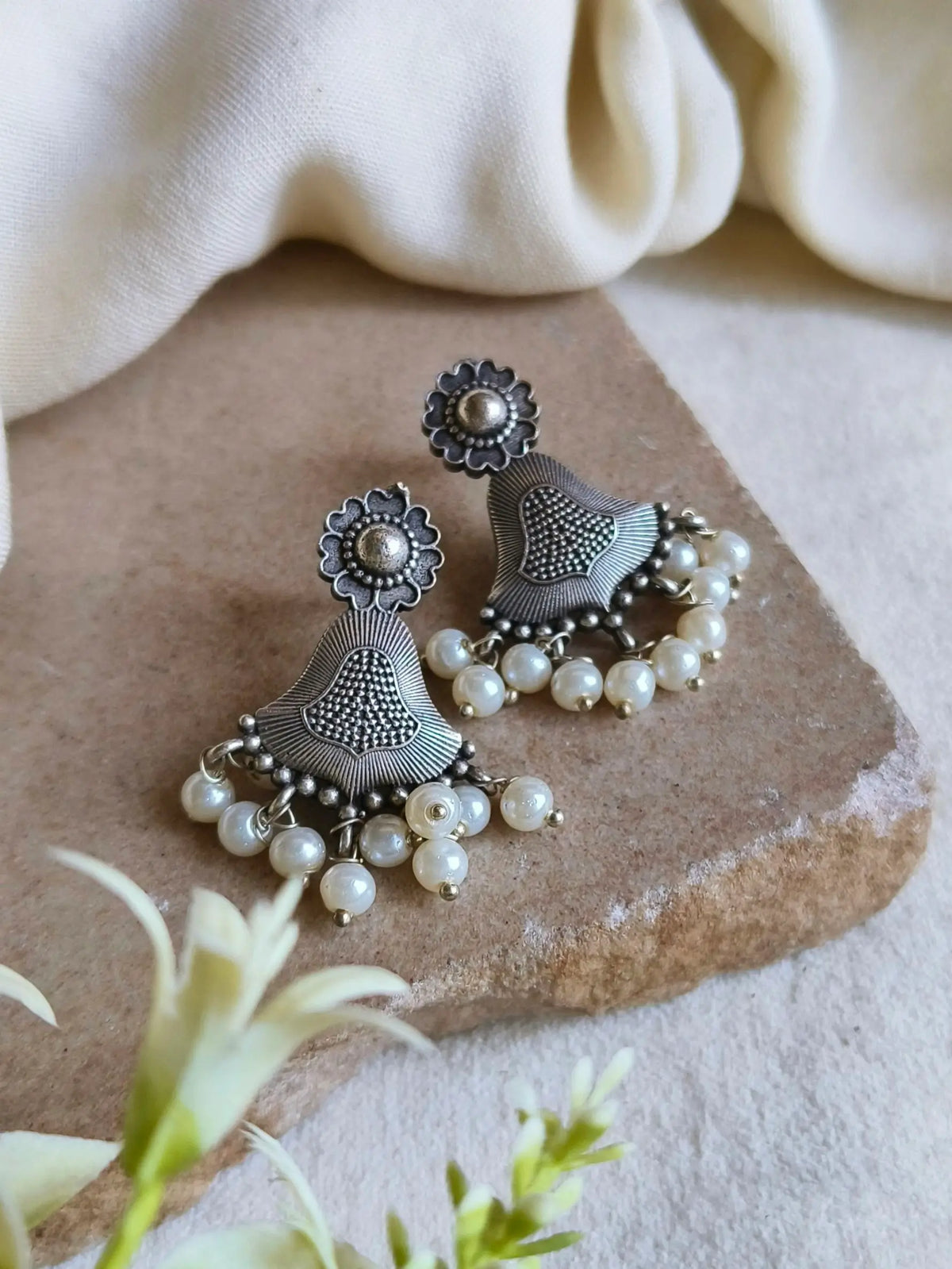 Antique Silver Pearl Stud Earrings | AMOLA