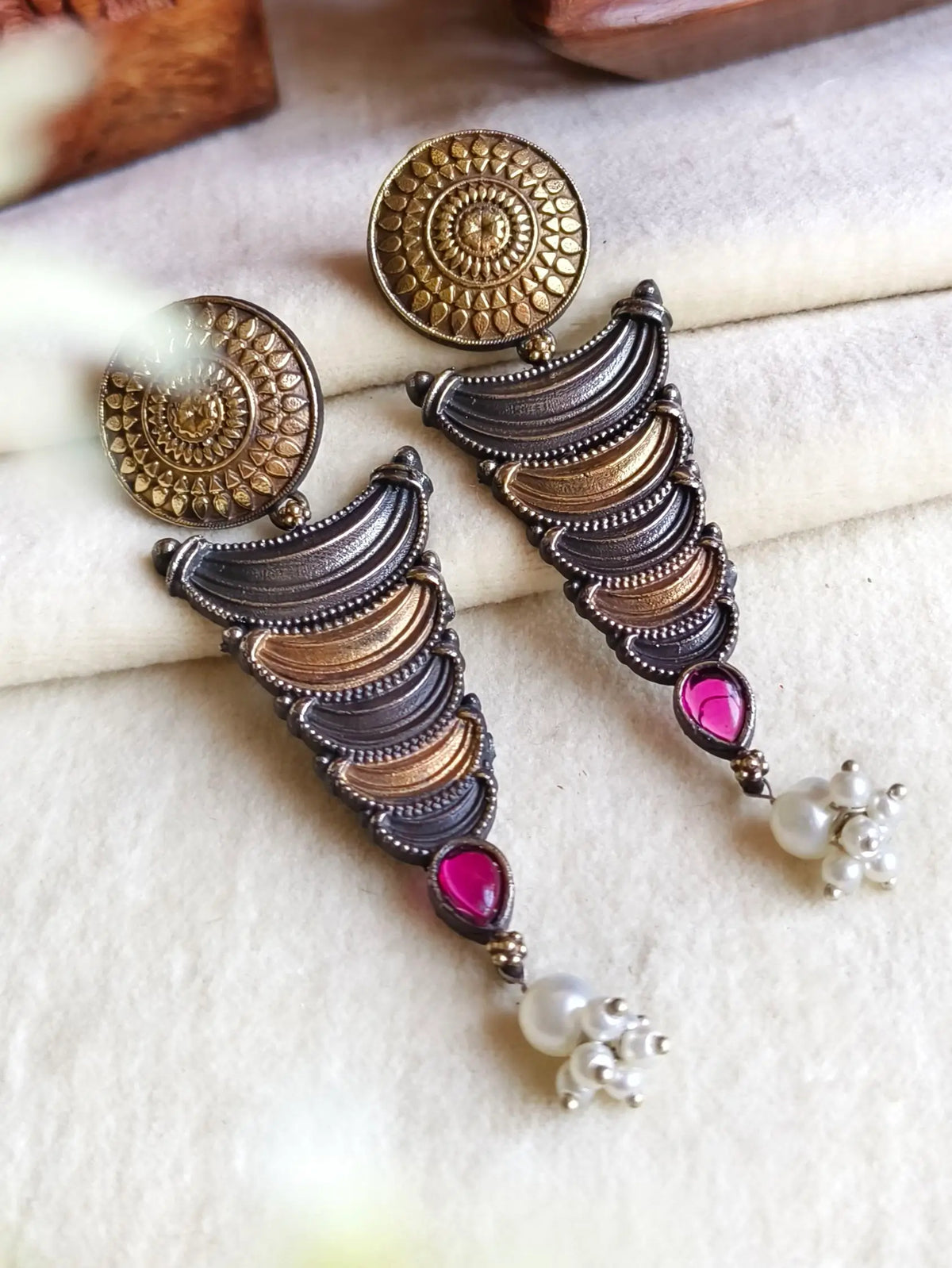 Two-Tone Dangler Earrings in Silver & Gold Finish | AMOLA