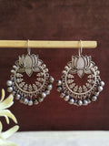Antique Lotus Floral Oxidised Hook Earrings | AMOLA