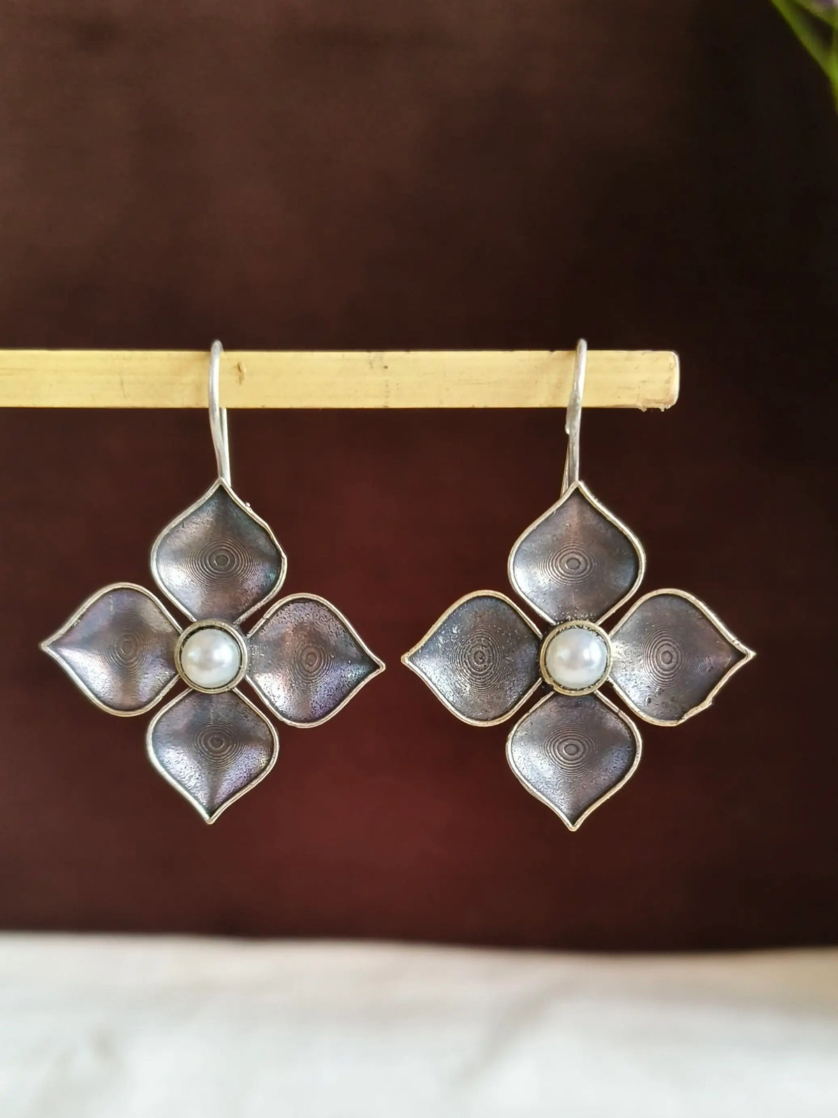 Oxidized Floral Pearl Drop Earrings | AMOLA