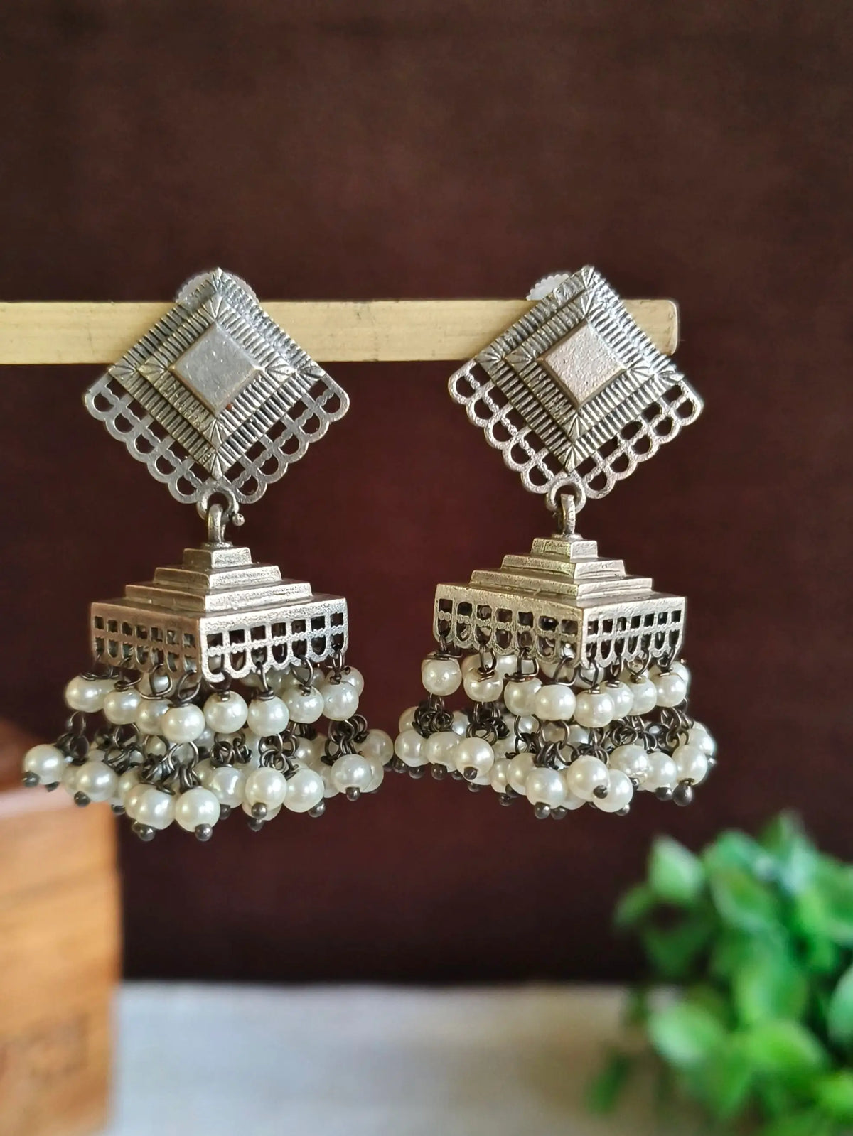 Silver Oxidised Pearl Drop Jhumka Earrings | AMOLA