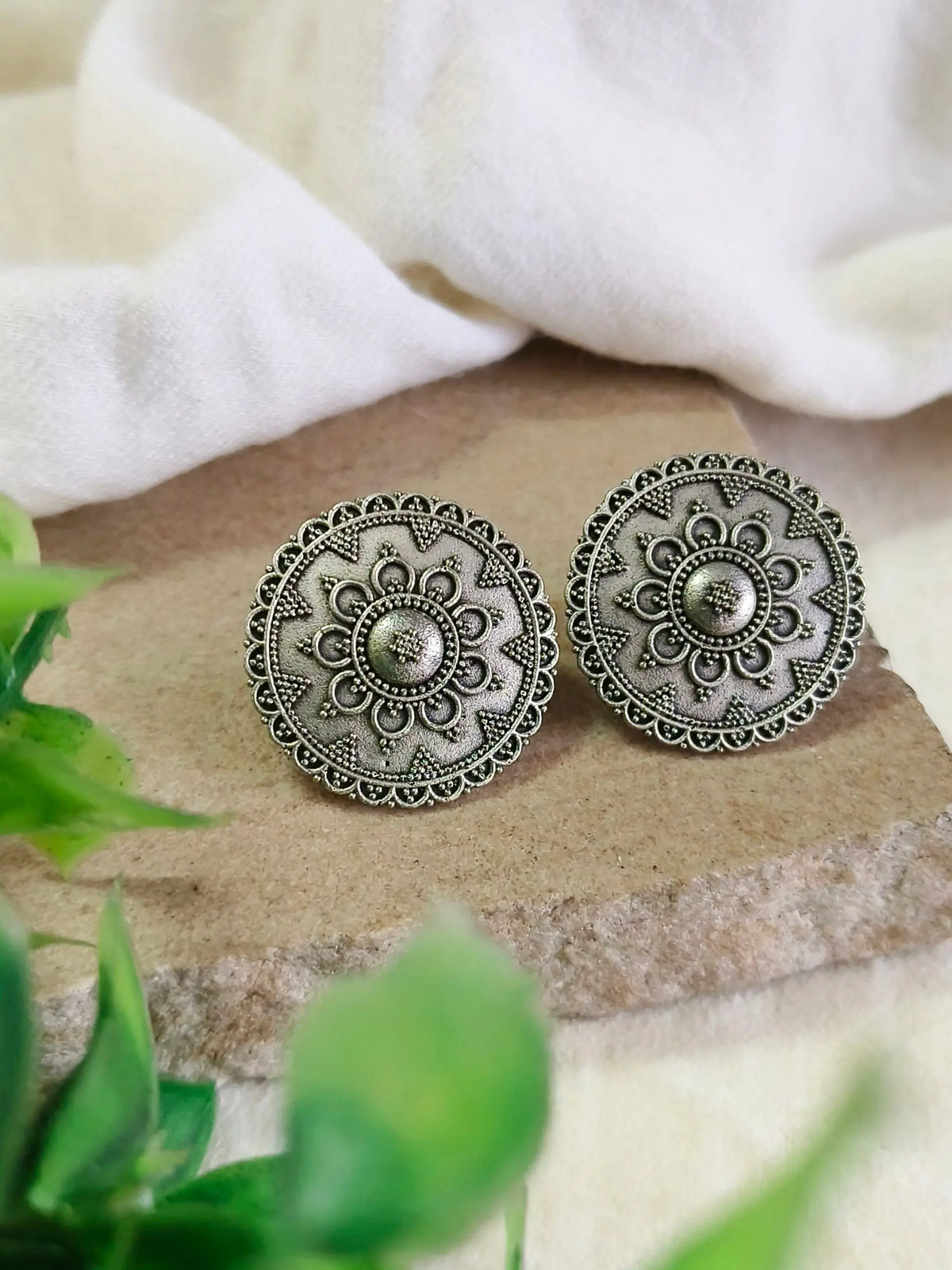 Oxidised Silver Floral Round Stud Earrings | AMOLA