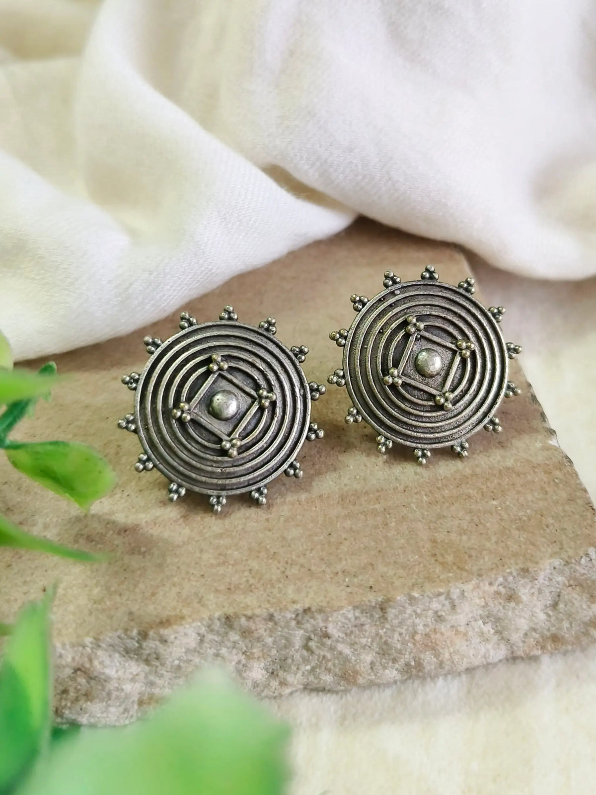 Silver Plated Round Oxidised Stud Earrings for Women | AMOLA