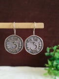 Antique Silver Oxidised 3 Pesa Coin Hook Earrings | AMOLA