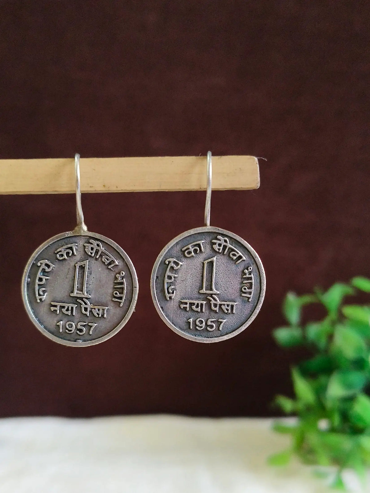 Antique Oxidised One Rupee Coin Hook Earrings | AMOLA