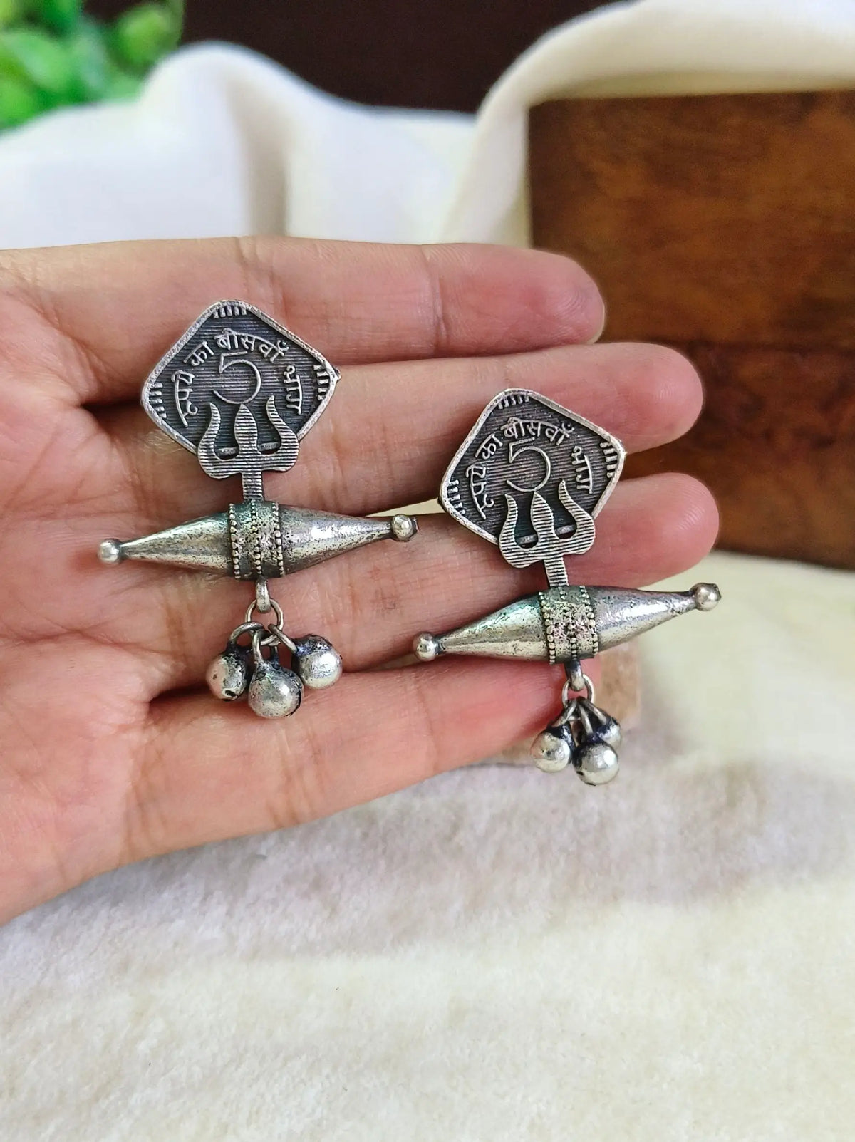 Silver Oxidised Trishul Stud Earrings | AMOLA