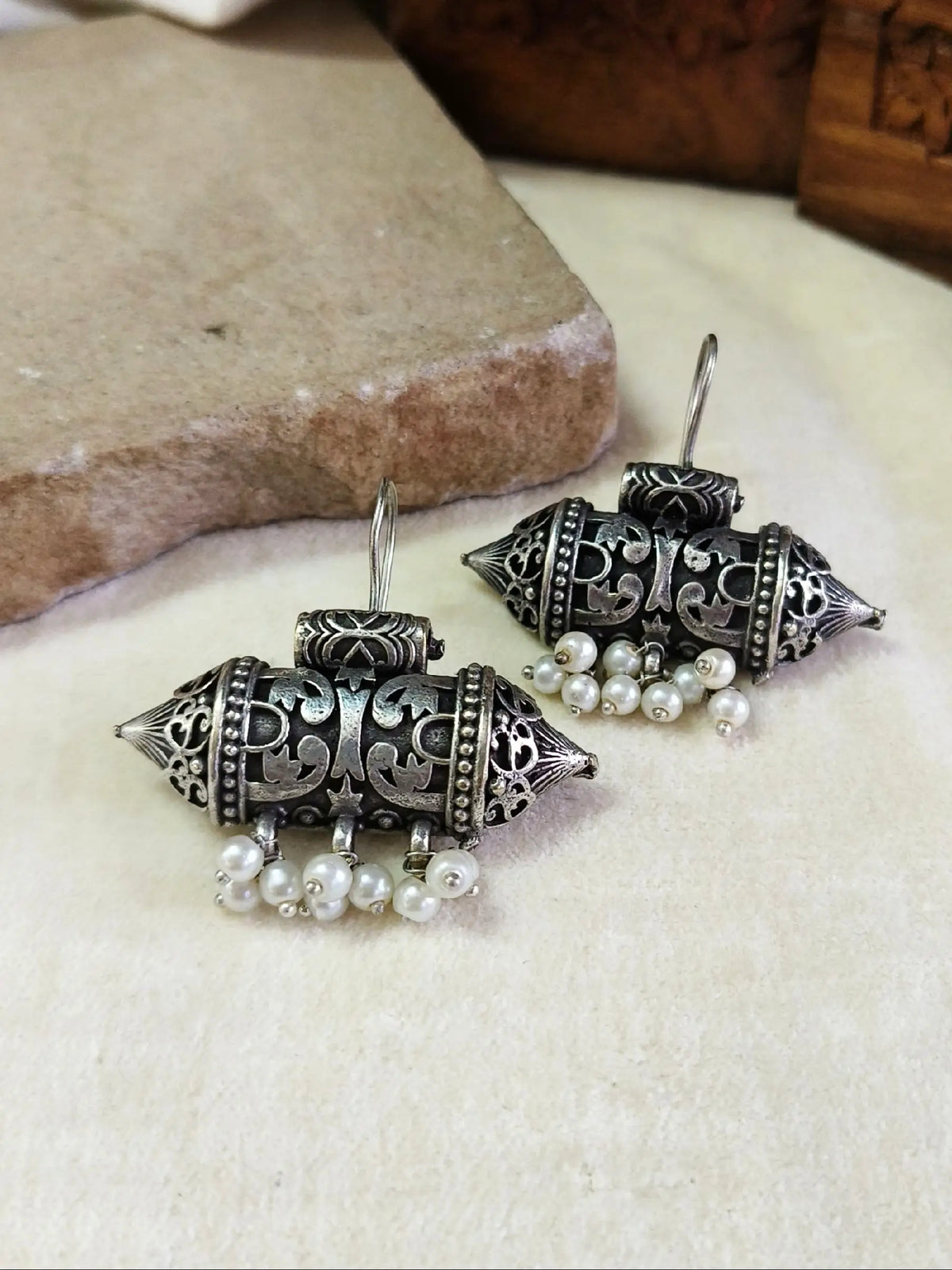 Antique Oxidised Silver Peal Hook Earrings  AMOLA