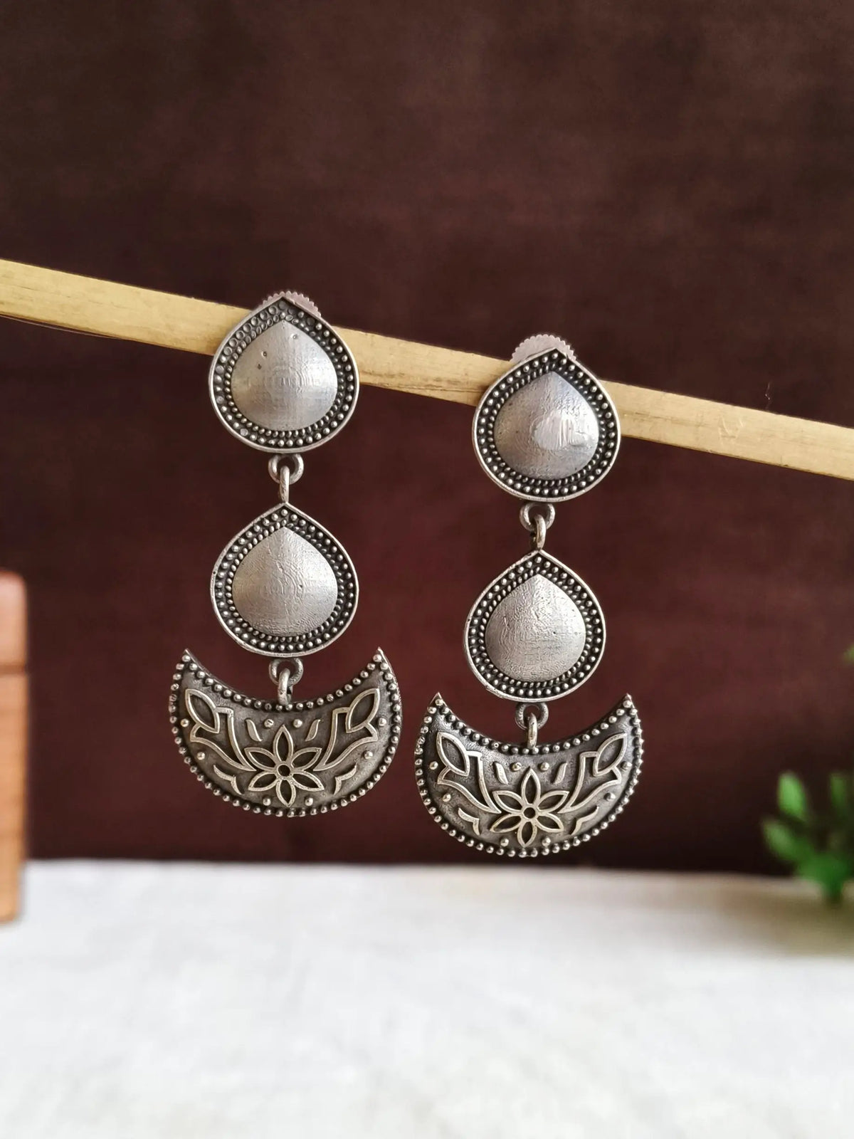 Silver Oxidised Half Moon Pear Drop Earrings | AMOLA