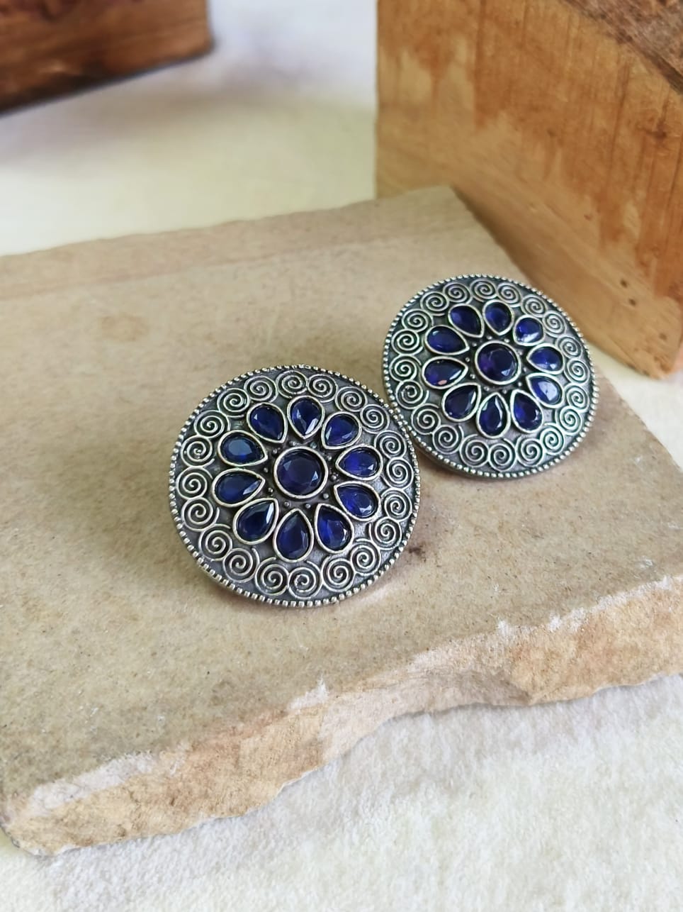 Oxidised Silver Round Gemstone Studs | AMOLA