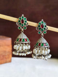 German Silver Green Stone Oxidized Jhumkas | AMOLA
