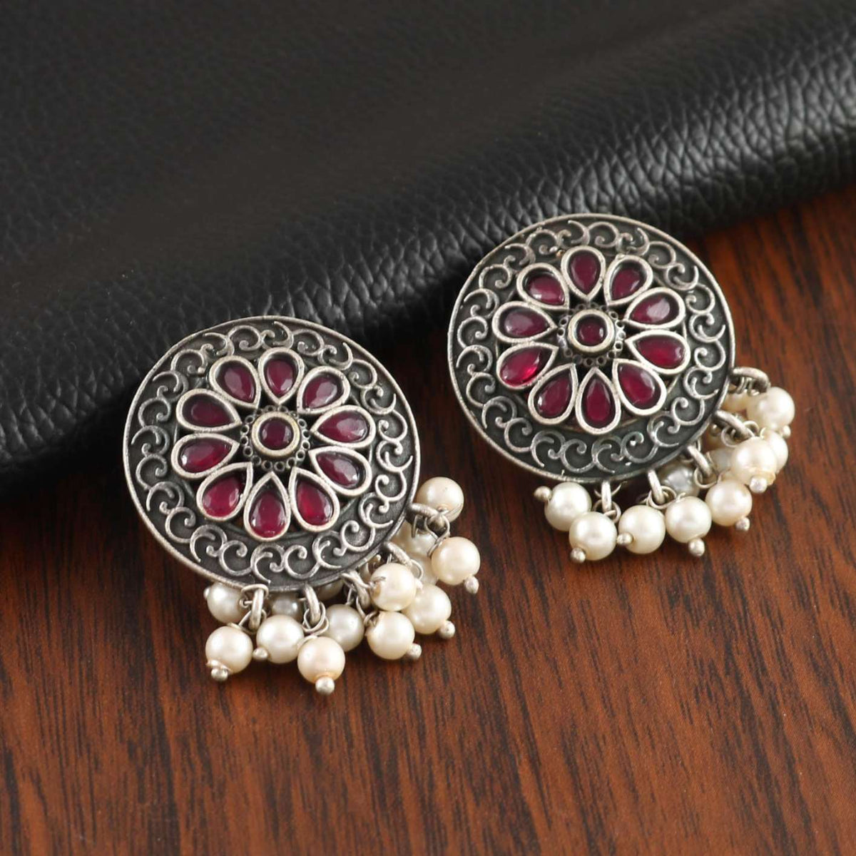 Oxidized Floral Pearl Stud Earrings | AMOLA