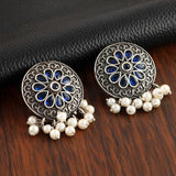 Oxidized Floral Pearl Stud Earrings | AMOLA