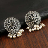 Oxidized Floral Pearl Stud Earrings | AMOLA