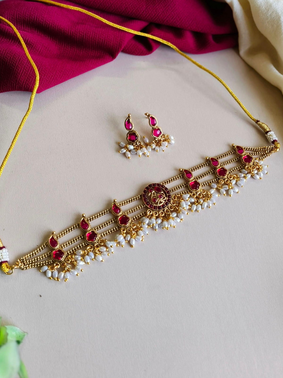 Gold-Plated Red Gemstone Pearl Choker Set | AMOLA