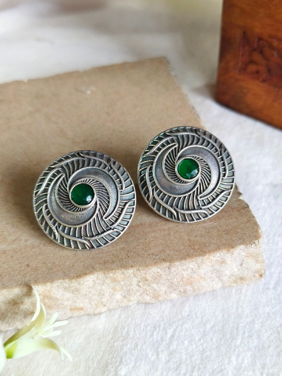 Oxidised Emerald Round Silver Studs | AMOLA