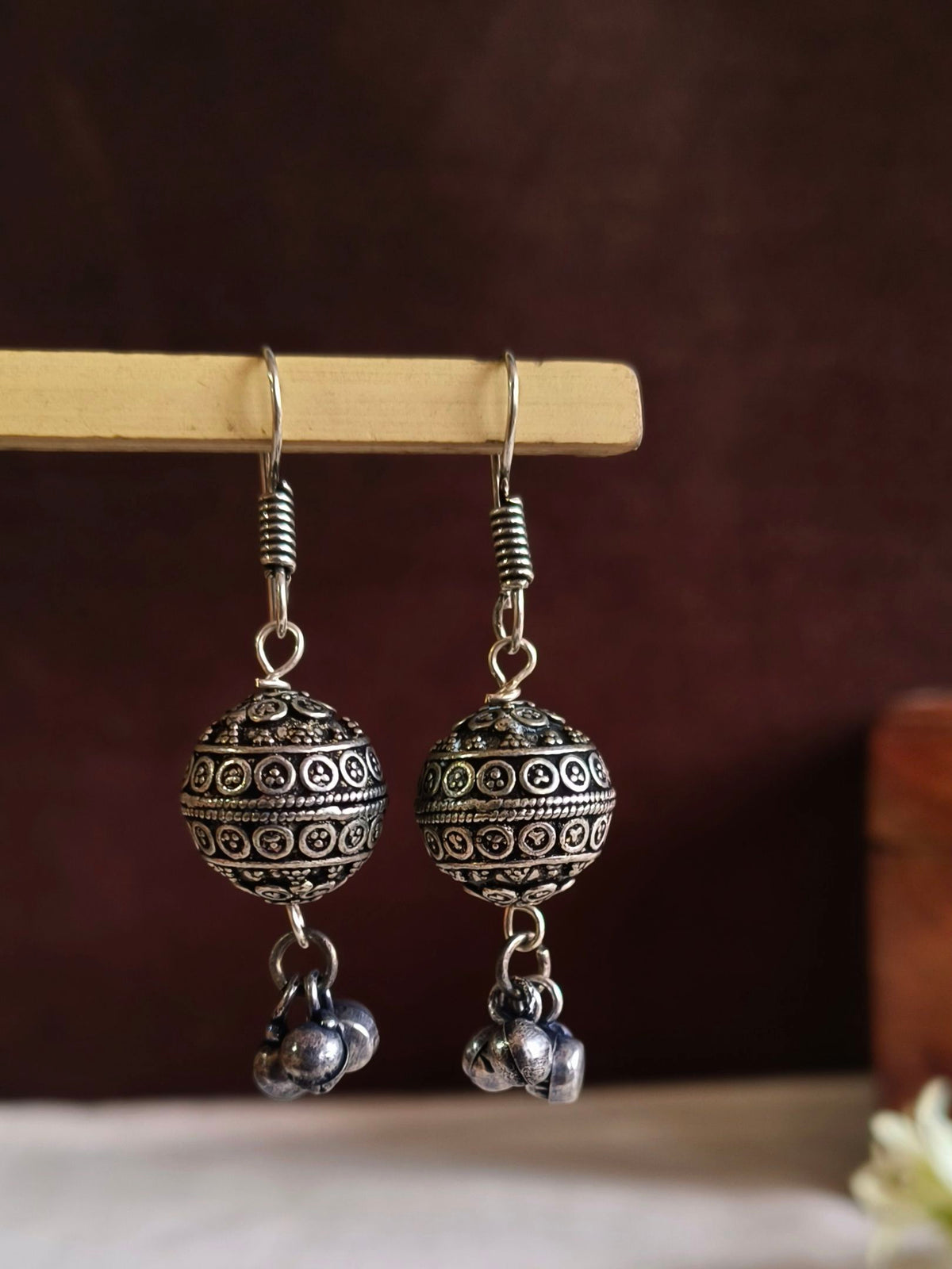 Ornate Oxidized Silver Drop Earrings | AMOLA