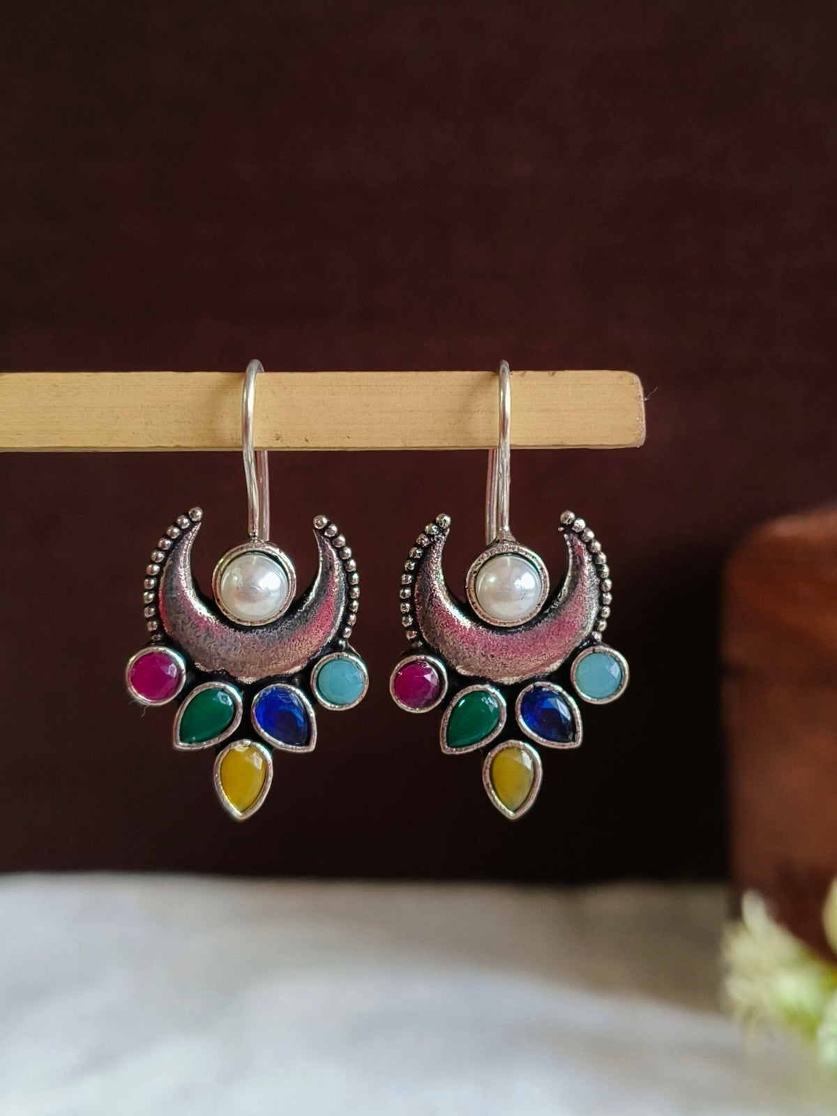 Oxidized Silver Crescent Moon Hook Earrings | AMOLA