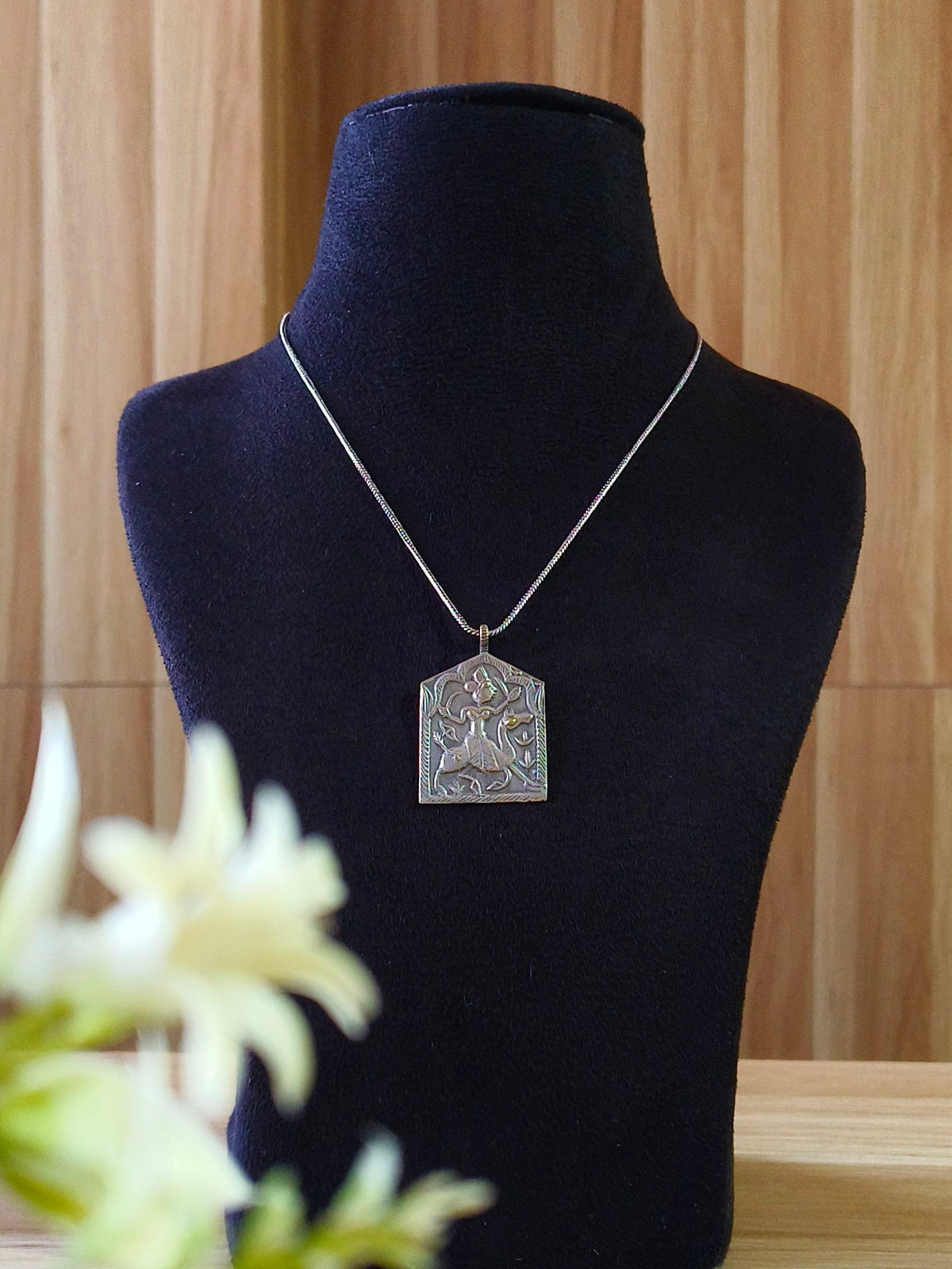 Engraved Tribal Oxidized Silver Chain Pendant | AMOLA
