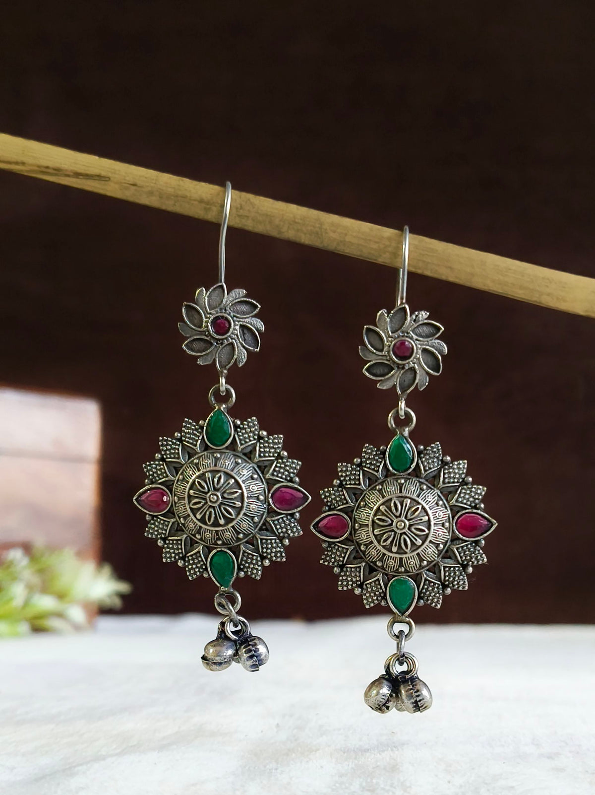 Oxidized Round Floral Silver Hook Earrings | AMOLA