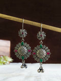 Oxidized Round Floral Silver Hook Earrings | AMOLA