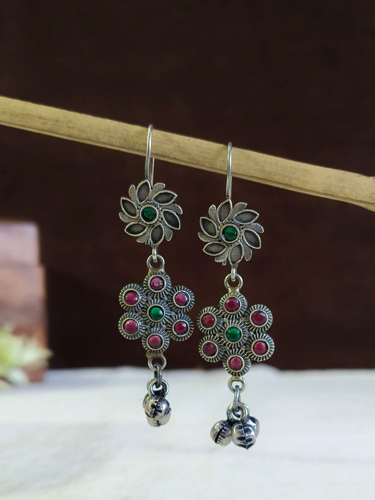 Oxidized Silver Hanging Floral Hook Earrings | AMOLA