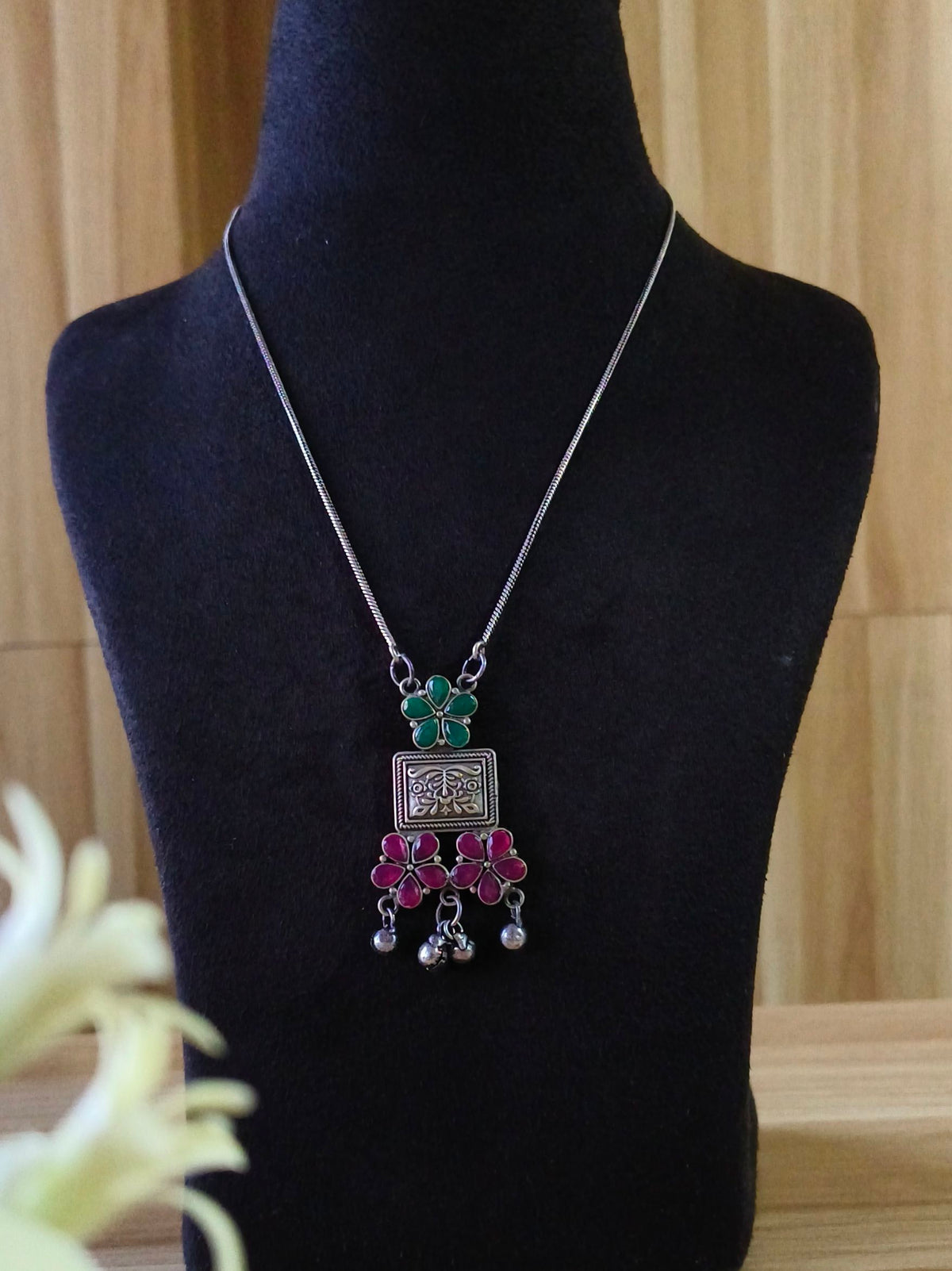 Silver Plated oxidized Statement Pendant & Chain | AMOLA