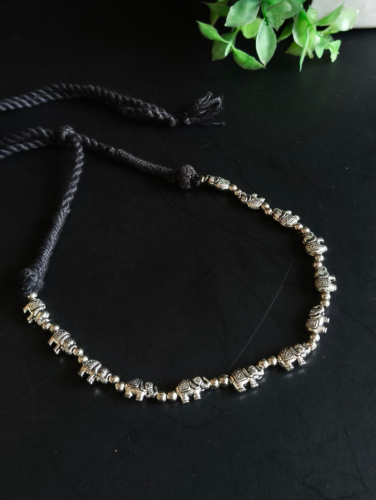 Oxidized Elephant Black Thread Necklace | AMOLA
