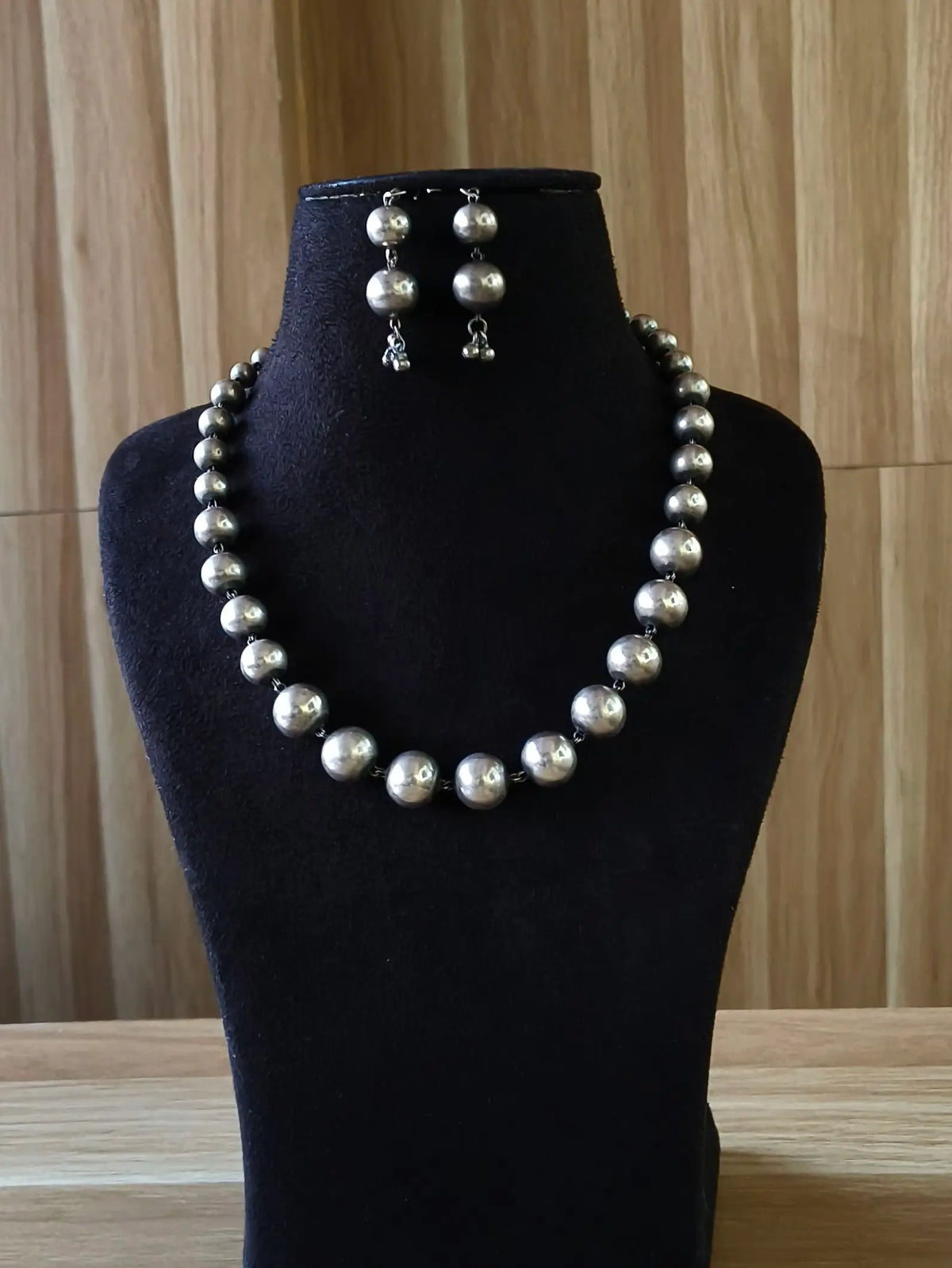Oxidised Silver Beaded Ball Necklace Set | AMOLA