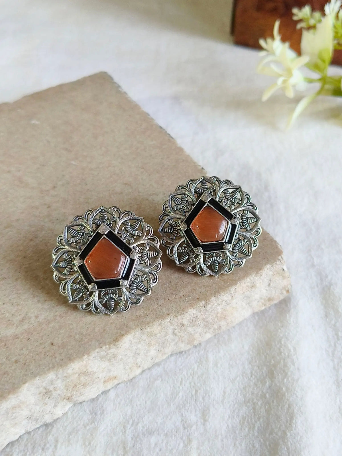Silver Look a like Oxidised Gemstone Stud | AMOLA