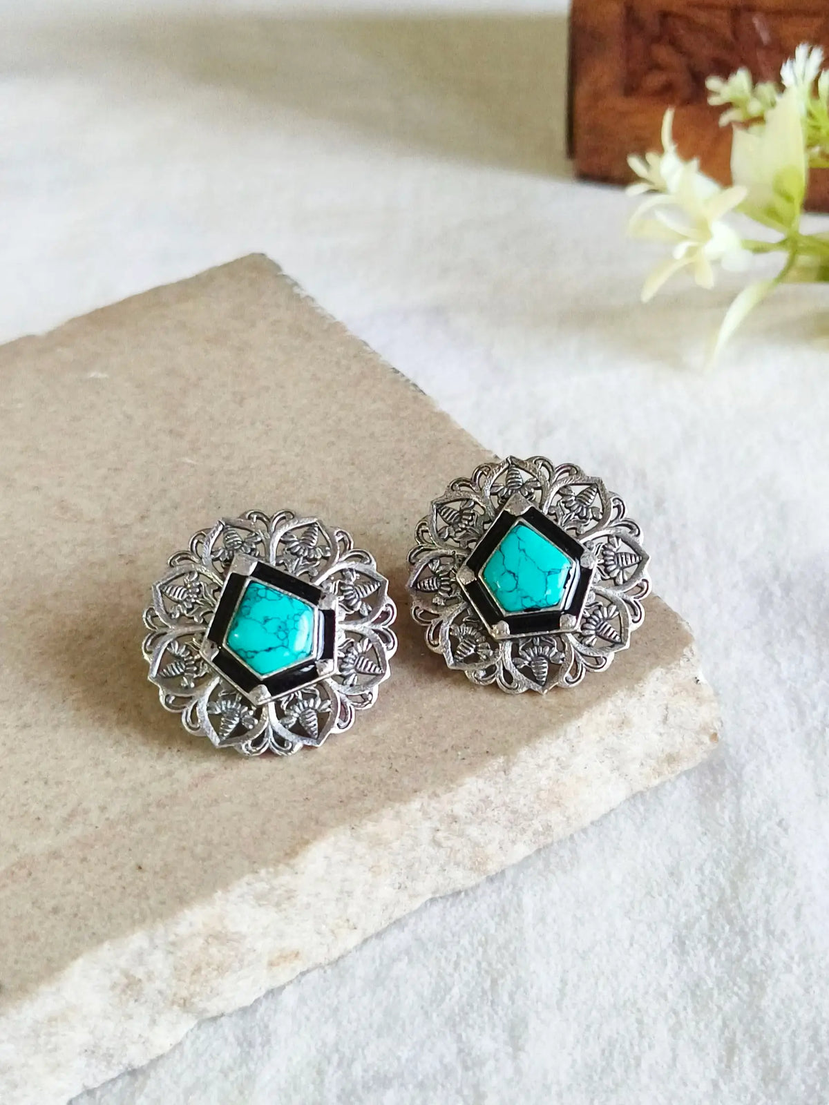 Silver Look a like Oxidised Gemstone Stud | AMOLA