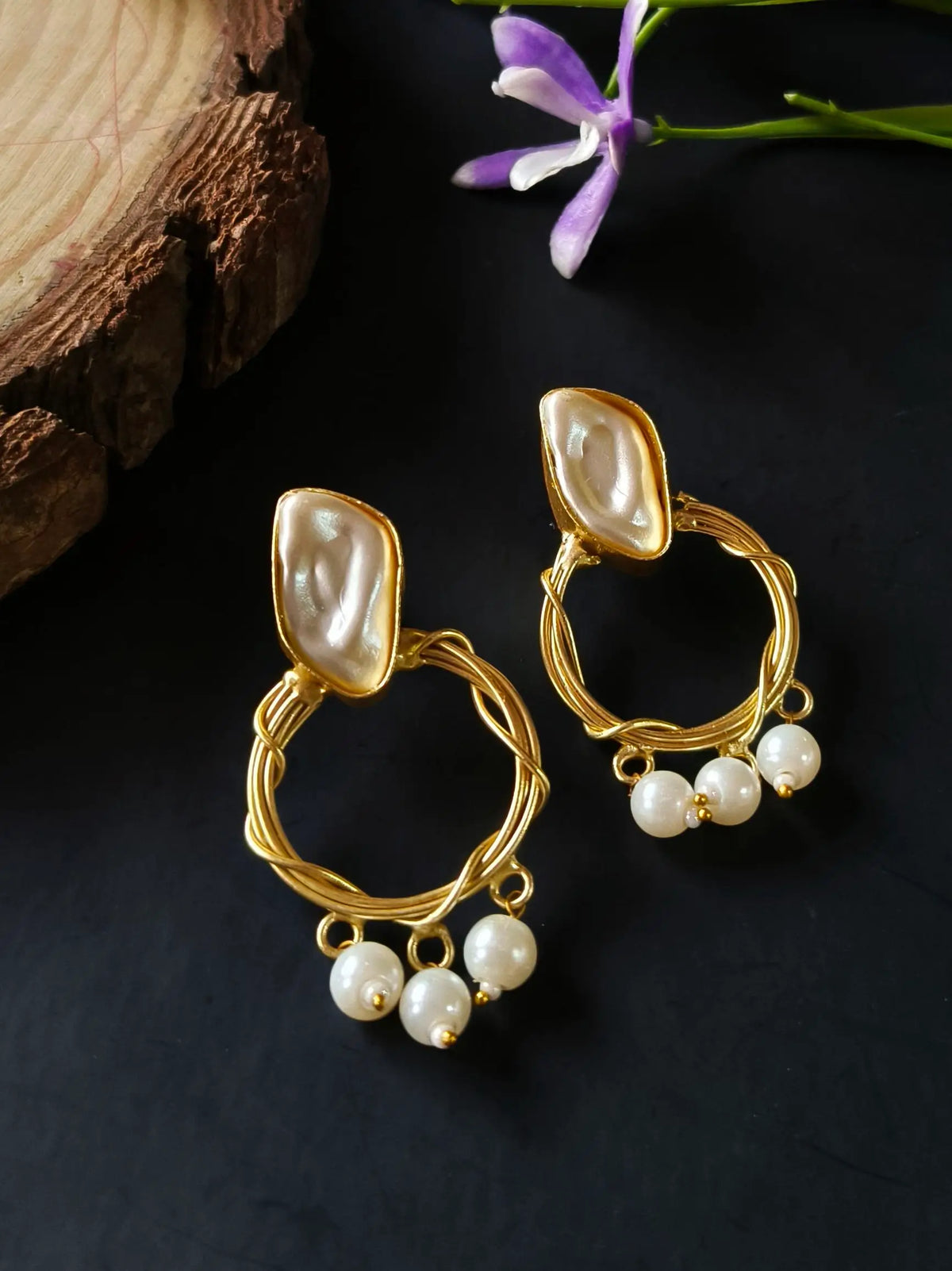 Golden Mother of Pearls Beaded Drop Earrings | AMOLA