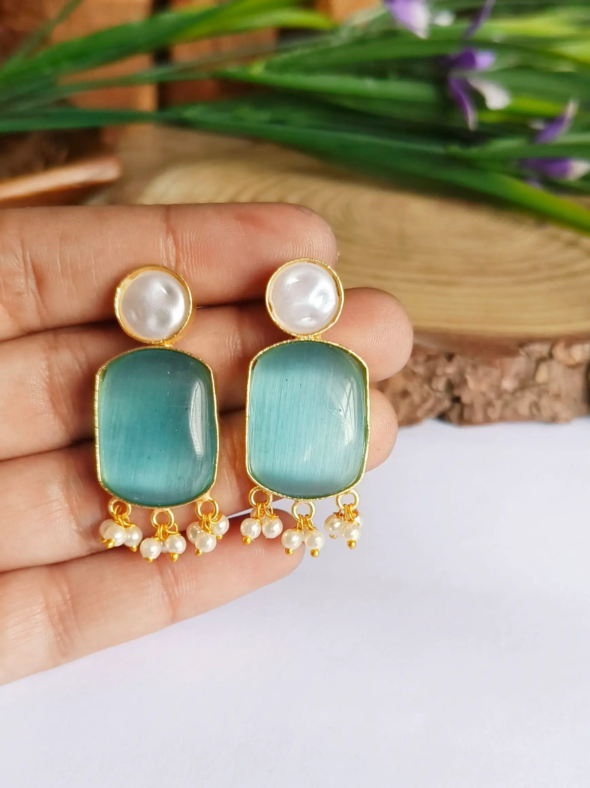 Golden Monalisa Pearl Drop Handmade Studs | AMOLA