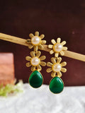 Golden Floral Pearl Drop Danglers Earring | AMOLA