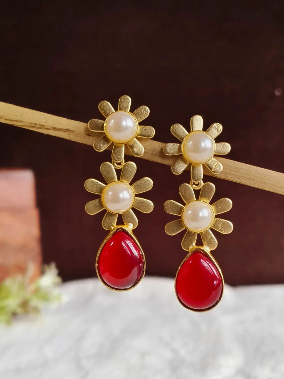 Golden Floral Pearl Drop Danglers Earring | AMOLA