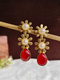 Golden Floral Pearl Drop Danglers Earring | AMOLA