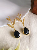 Red Teardrop Stone Golden Leaf Earring | AMOLA