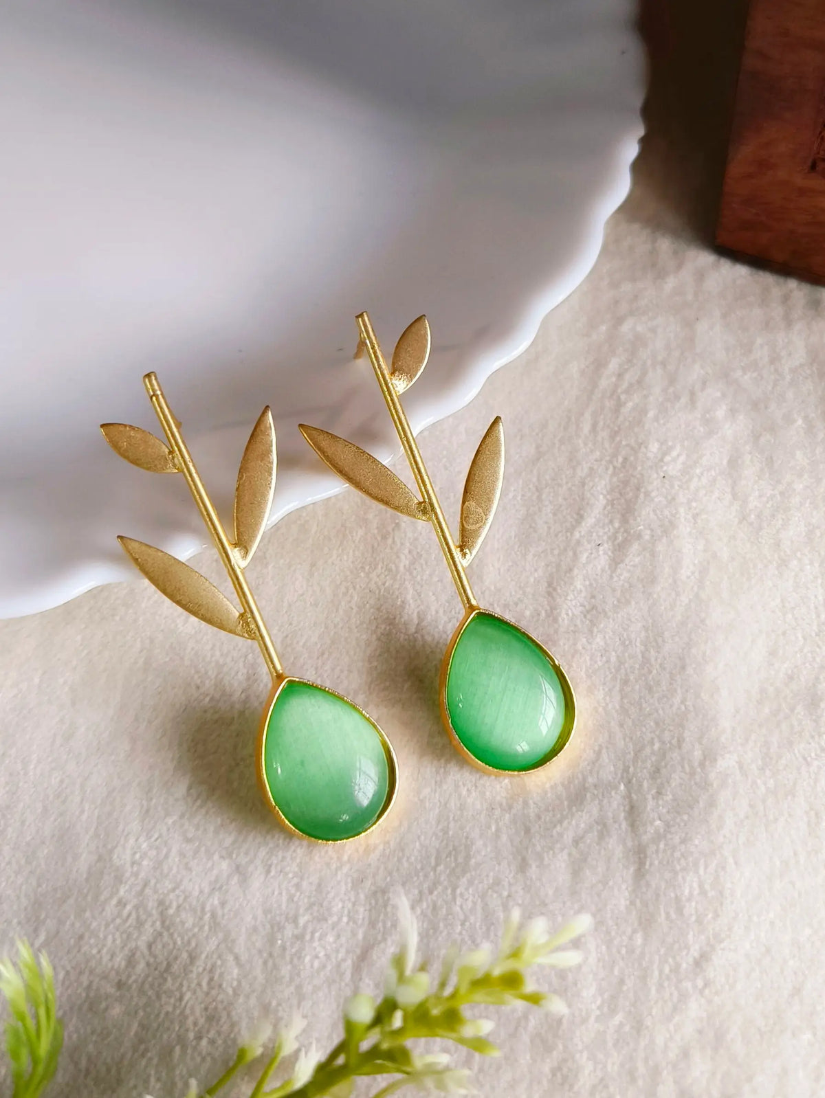 Red Teardrop Stone Golden Leaf Earring | AMOLA