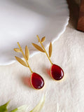 Red Teardrop Stone Golden Leaf Earring | AMOLA
