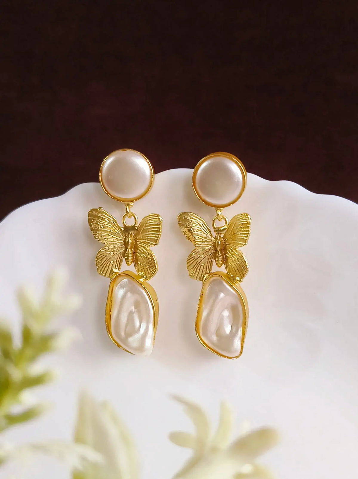 Golden Pearl-Beaded Butterfly Drop Earrings | AMOLA