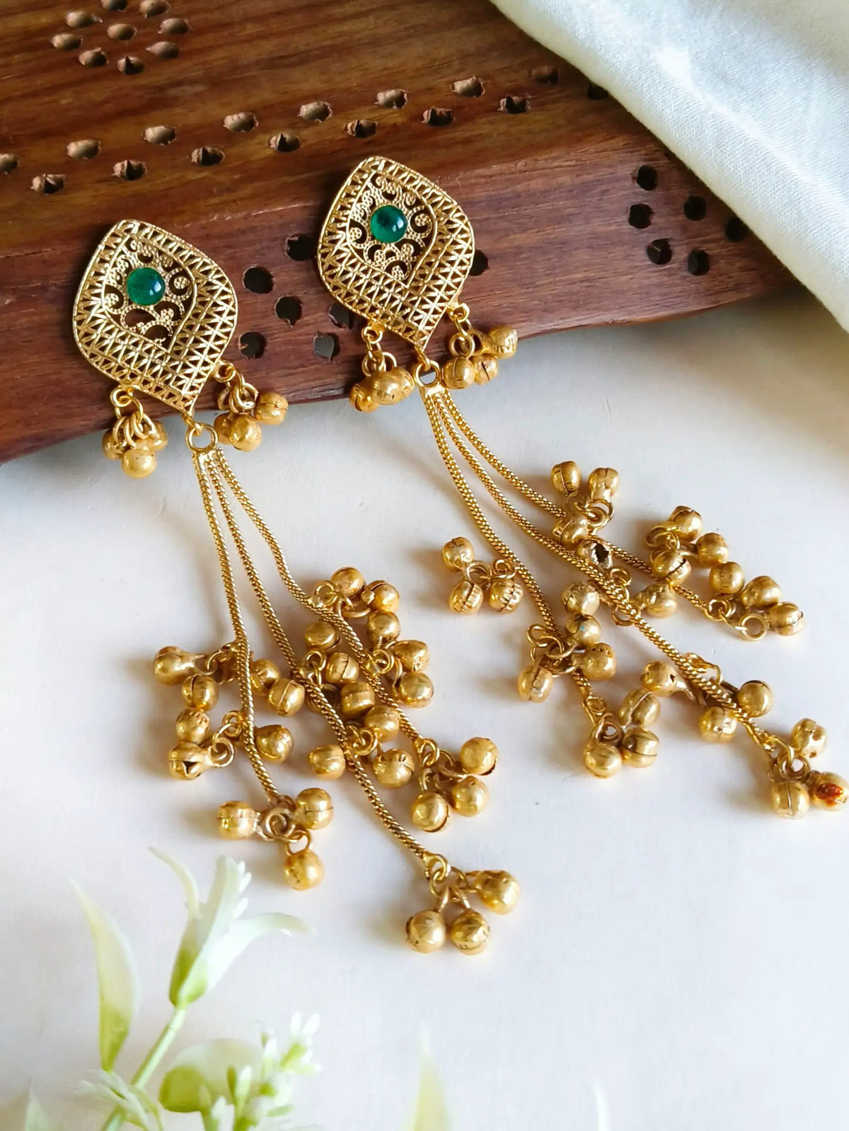 Kashmiri Golden Long Ghungroo Danglers Earring | AMOLA