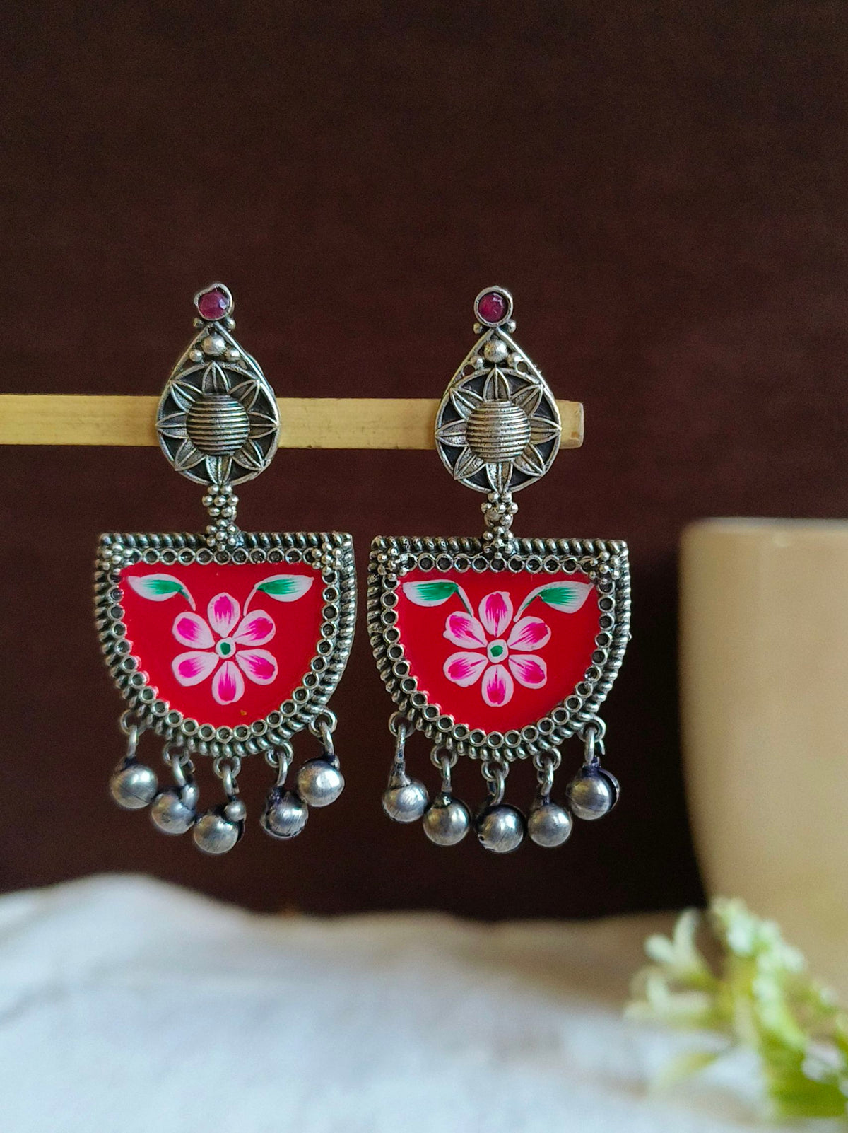 D Shaped Enamel Earrings with Small Ghungroo | AMOLA