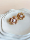 Anti Tarnish Golden Pearl Floral Stud Earrings | AMOLA