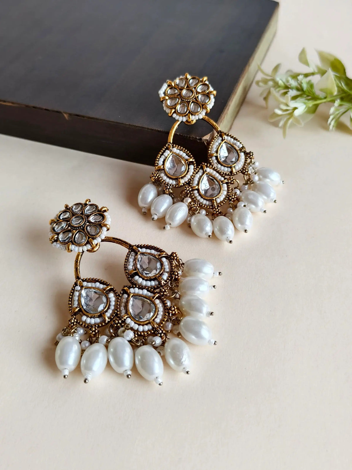 Gold Polki Diamond Pearl Dangler Earrings | AMOLA