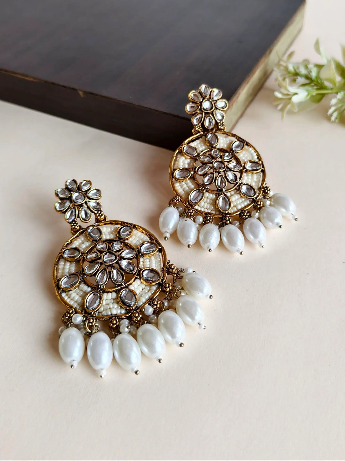 Golden Polki Kundan White Bead Danglers | AMOLA