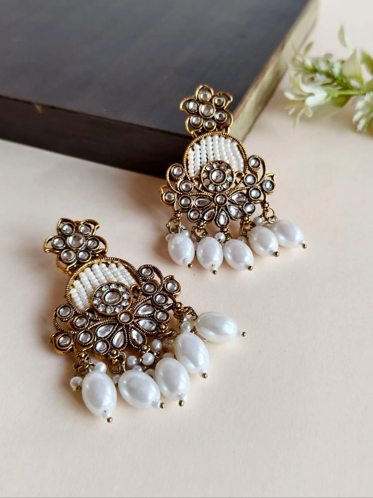 White Polki Kundan Wedding Chandbali Earrings | AMOLA