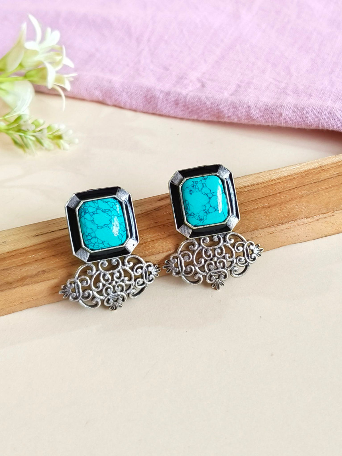 Oxidized Silver Plated Turquoise Stone Studs | AMOLA